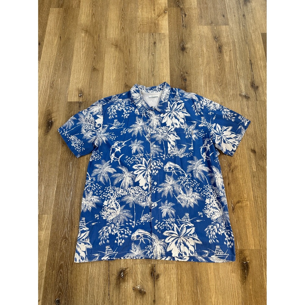 Columbia PFG Mens XL Blue‎ White Tropical Fishing Palm Tree Button Up Shirt